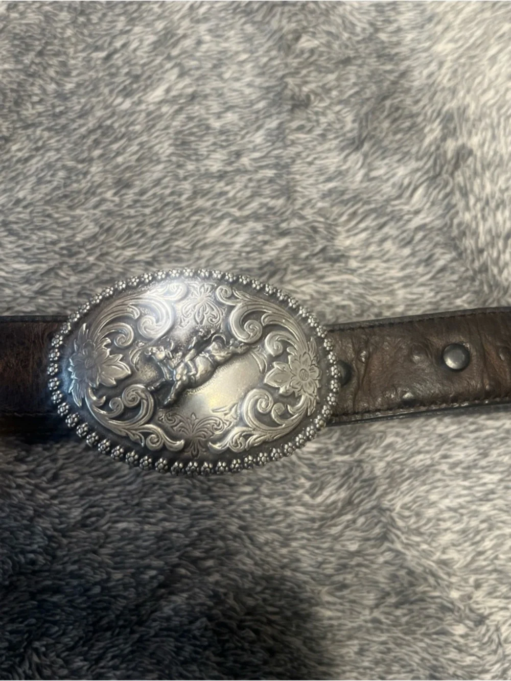 Nocona Kids Western Leather Belt Size 18 Bull Rider Trophy Buckle Floral Silver